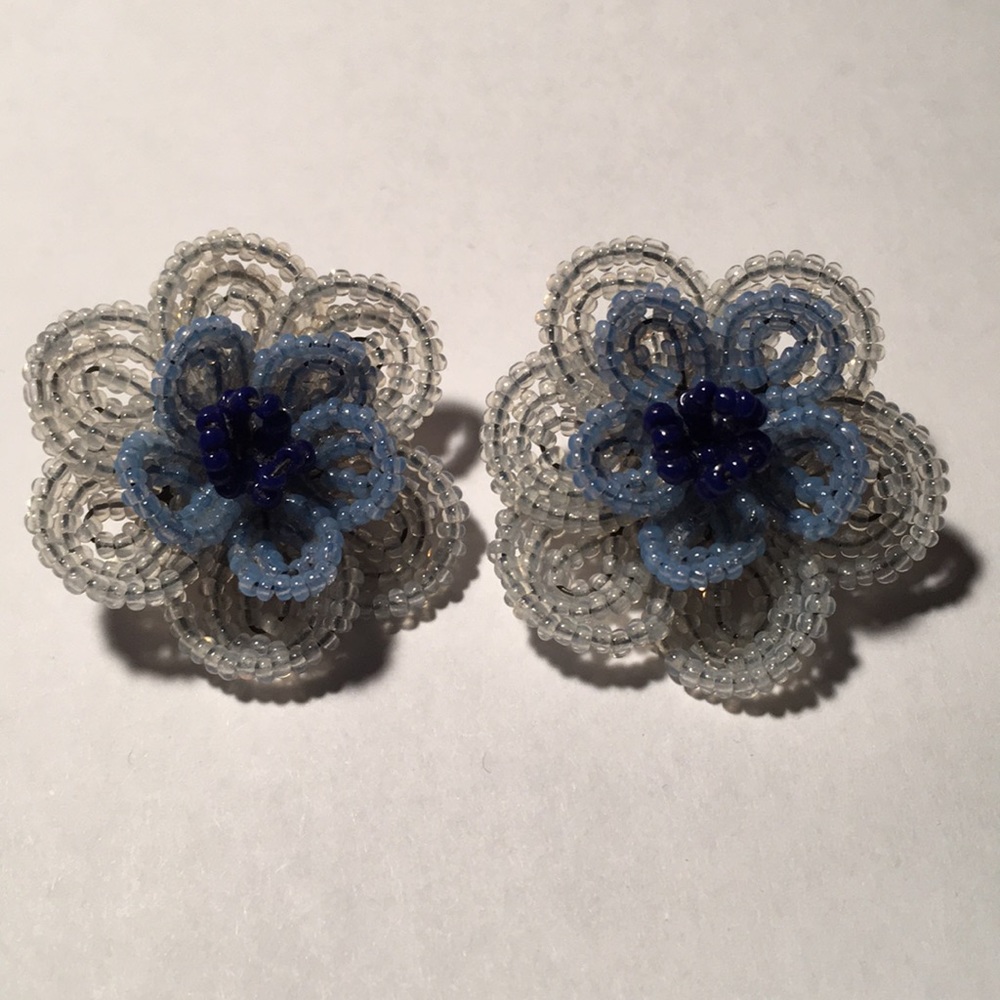 Blue Beaded Homemade Flower Clip On Earrings
